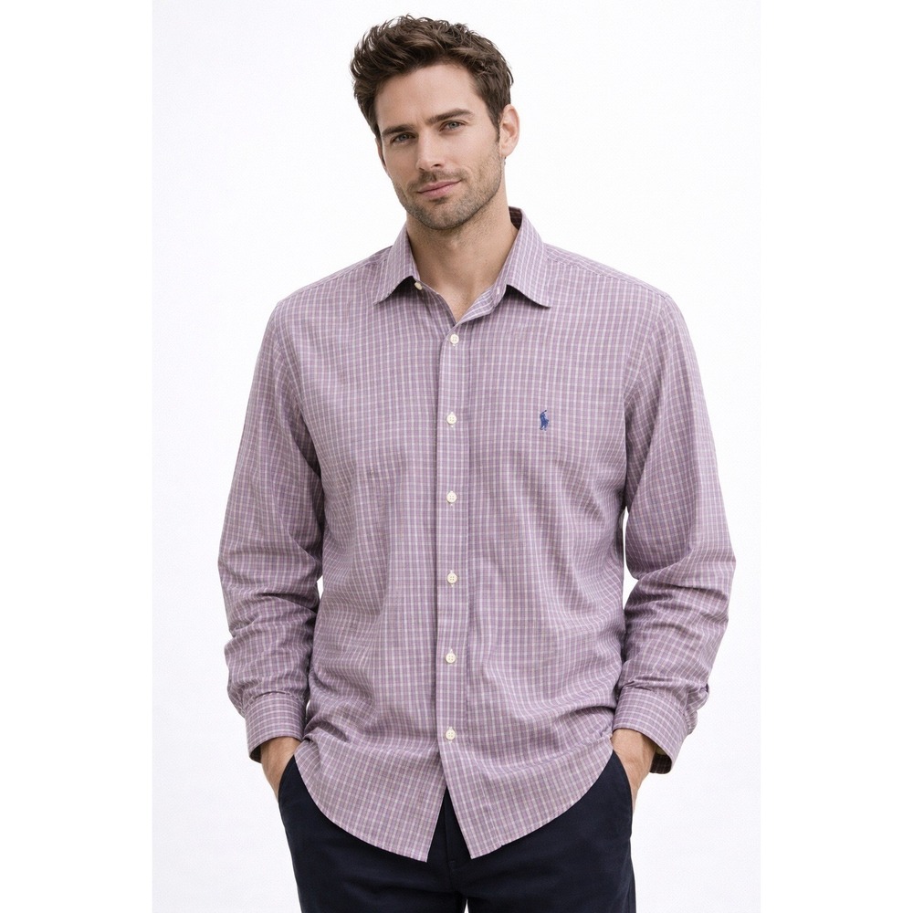 Ralph Lauren Mens Vintage 90s Micro Check Button Down Shirt Purple Blue XL 17-35 - Picture 1 of 5